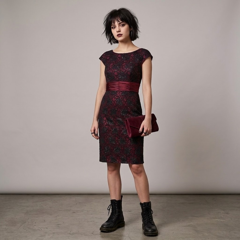 Vintage Badgley Mischka Black Lace Red Silk Sheath Dress 14 Whimsigoth Vampire